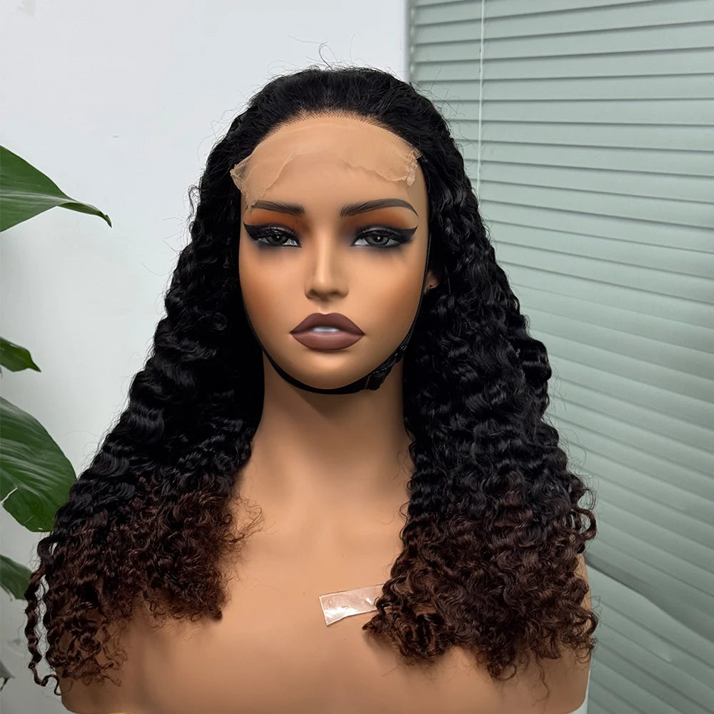 Perruque birmane bouclée ombrée 5x5, densité 300 %, cheveux humains à double trame, avec dentelle transparente sur le devant, pour femmes noires