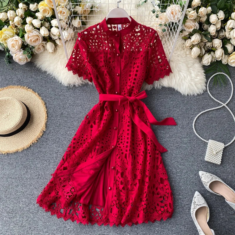 Robe vintage française en dentelle à col rond et manches courtes, style décontracté, à la mode, printemps/été