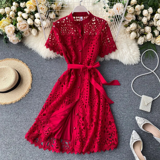 Robe vintage française en dentelle à col rond et manches courtes, style décontracté, à la mode, printemps/été