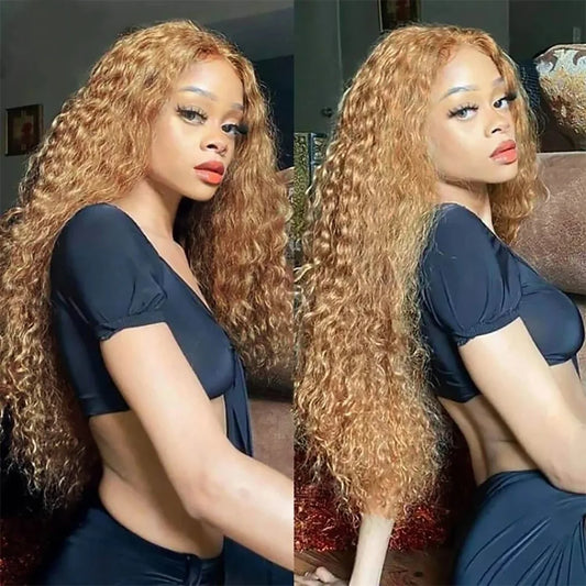 Perruque de cheveux humains bouclés avec dentelle frontale, 30 pouces, effet ondulé, brun, ombré, HD, 427