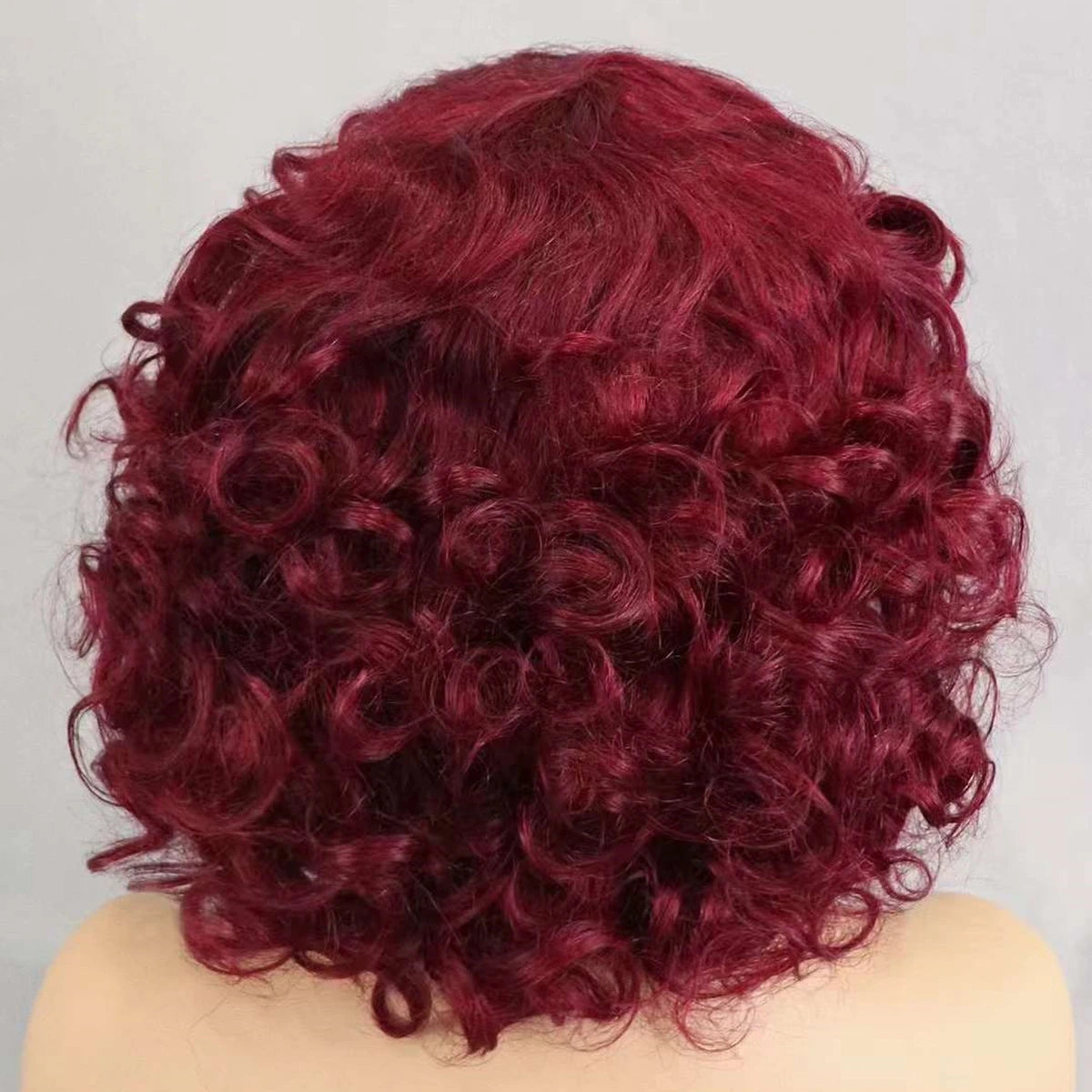 Perruques de cheveux humains bouclés et rebondissants bordeaux 99J #, densité 200 %, avec frange, courtes, bouclées et lâches, fabriquées à la machine, pré-épilées pour femmes