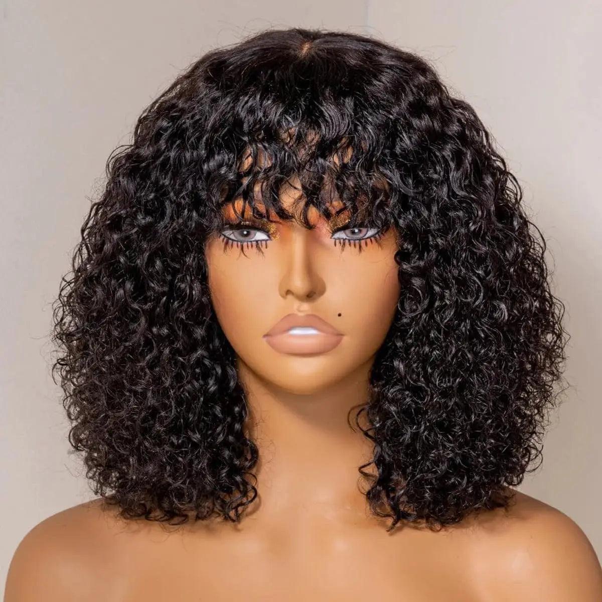 Perruques Bob brésiliennes Jerry Curl avec frange pour femmes noires, superbes perruques Remy noires foncées fabriquées à la machine à bas prix