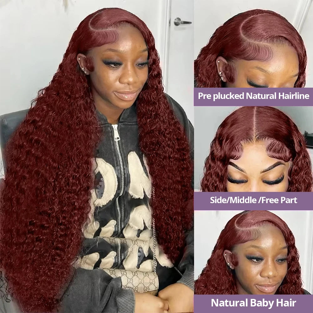 Perruque Lace Frontal Wig 220 % Deep Wave sans colle, cheveux humains bouclés, brun rougeâtre, 13x4, 7x5, pré-épilée, pré-coupée, pour femmes