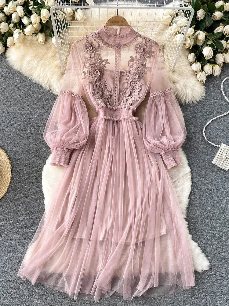 Robe pour femme, motif floral tridimensionnel, col montant, manches lanternes, taille haute, coupe ajustée