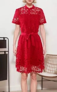 Robe vintage française en dentelle à col rond et manches courtes, style décontracté, à la mode, printemps/été