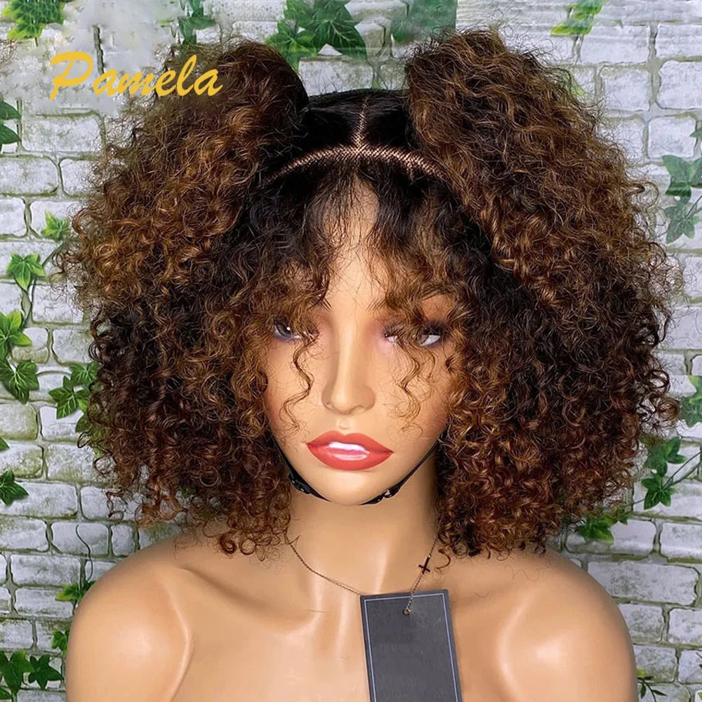 Perruques de cheveux humains courts bouclés sans colle, blond ombré, densité 250 %, perruques de princesse prêtes à porter avec dentelle frontale