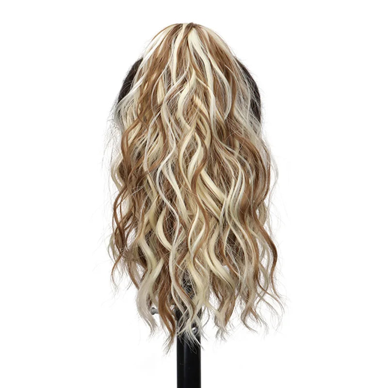 Extension capillaire synthétique courte ondulée de 35 cm, queue de cheval blonde et brune, à clipser, pour femme