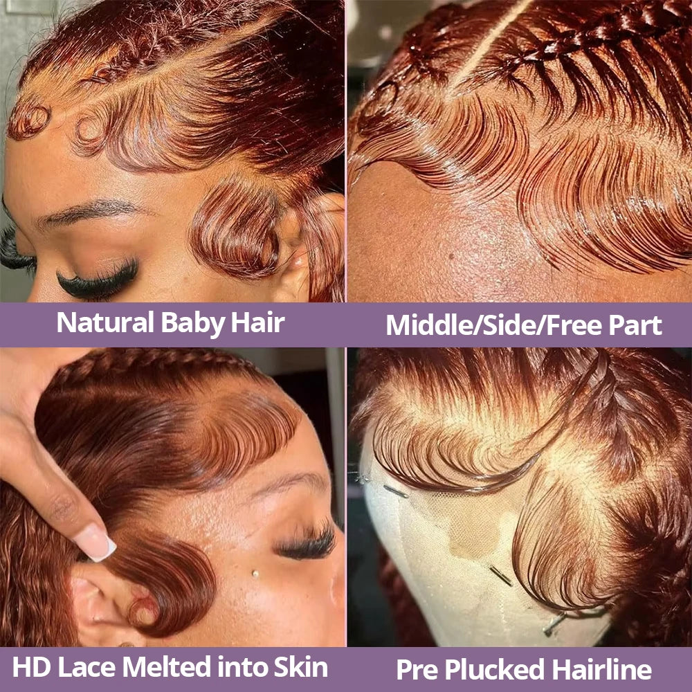 Perruque Lace Frontal Wig 220 % Deep Wave sans colle, cheveux humains bouclés, brun rougeâtre, 13x4, 7x5, pré-épilée, pré-coupée, pour femmes