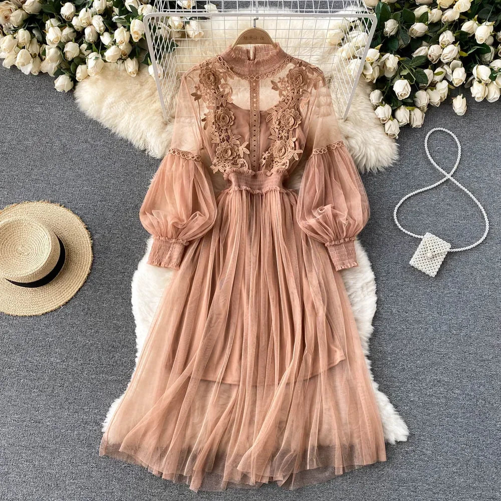 Robe pour femme, motif floral tridimensionnel, col montant, manches lanternes, taille haute, coupe ajustée