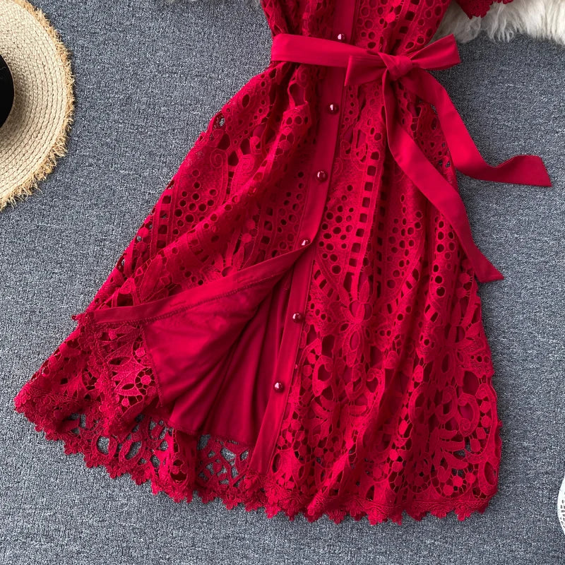 Robe vintage française en dentelle à col rond et manches courtes, style décontracté, à la mode, printemps/été