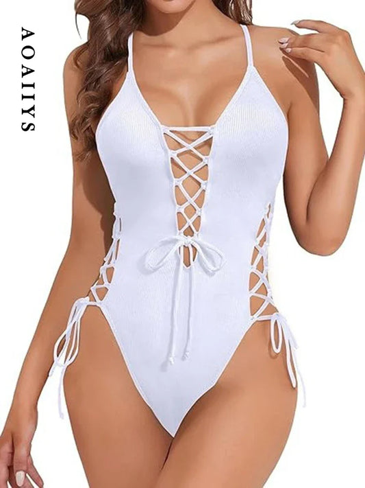 Aoaiiys Maillot de bain dos nu pour femme, monokini ajouré, lacé, string sexy, été 2025, plage, couleur unie, tendance
