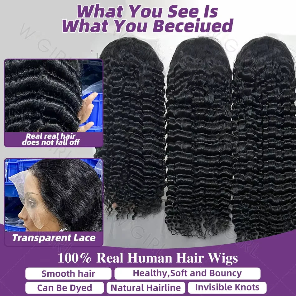 Perruque brésilienne ondulée de 30 à 32 pouces, cheveux humains bouclés, perruque frontale en dentelle HD 13x6, perruque frontale ondulée profonde pour femmes