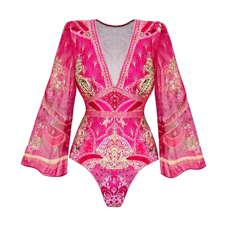 Maillot de bain une pièce à manches longues et jupe pour femme, imprimé vert jungle, 2025