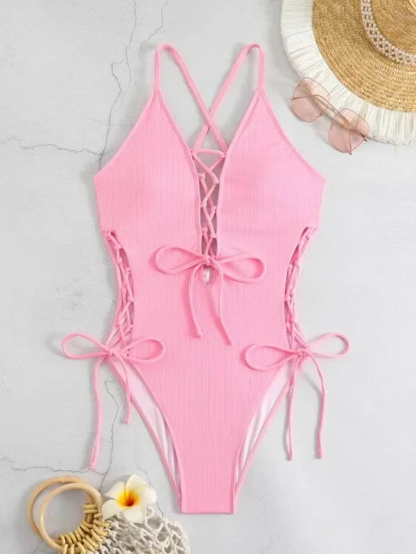 Aoaiiys Maillot de bain dos nu pour femme, monokini ajouré, lacé, string sexy, été 2025, plage, couleur unie, tendance