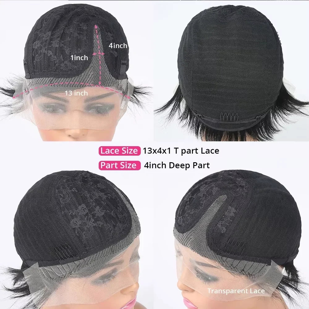 Perruque courte coupe Pixie, cheveux humains, coupe Bob, dentelle transparente, raie sur le côté, pour femmes, 13x4
