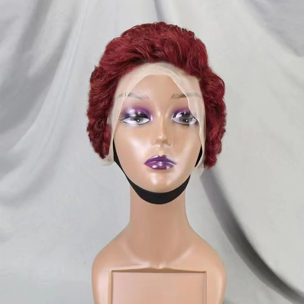 Perruques de cheveux humains bouclés avec dentelle frontale 13x4, coupe Pixie courte, couleur 99J, densité 180 % pour femmes noires