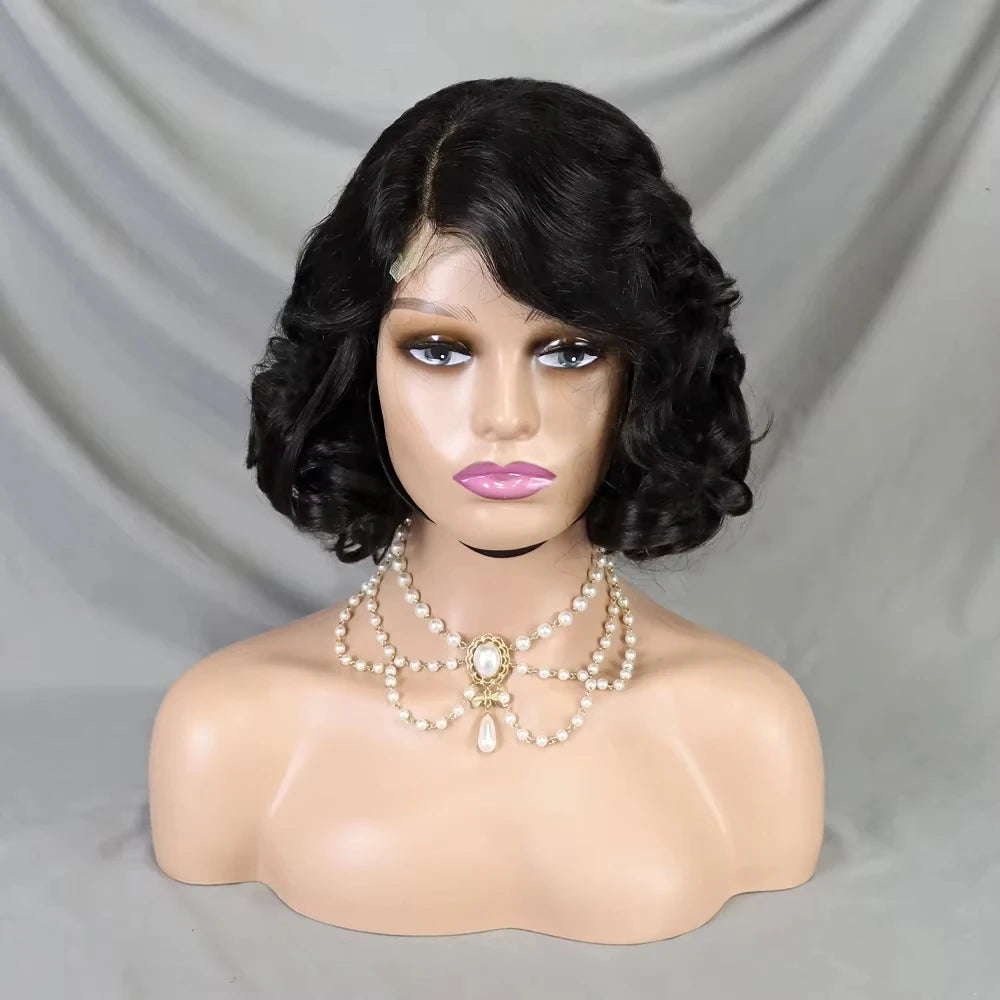 Perruques courtes ondulées en cheveux humains, coupe au carré, fermeture en dentelle 10x10, couleur naturelle, cheveux indiens Remy, pré-épilés, pour femmes