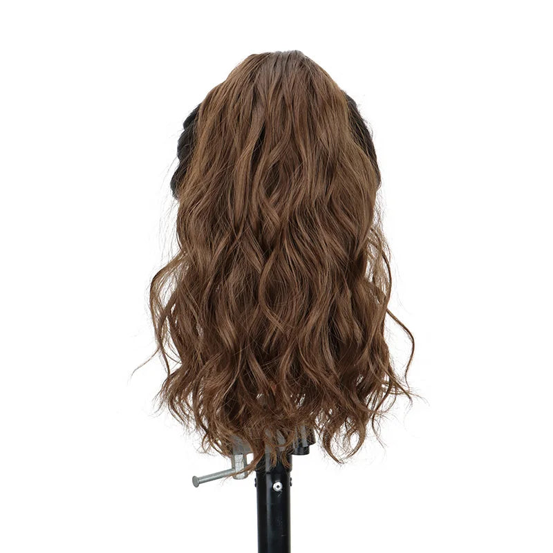 Extension capillaire synthétique courte ondulée de 35 cm, queue de cheval blonde et brune, à clipser, pour femme