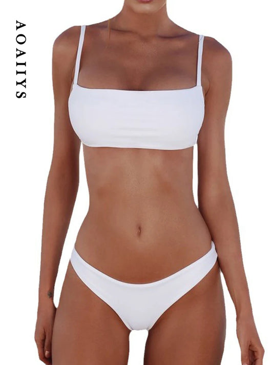 Aoaiiys Maillot de bain deux pièces pour femme, sans bretelles, dos nu, couleur unie, tendance, fendu, décontracté, été 2025