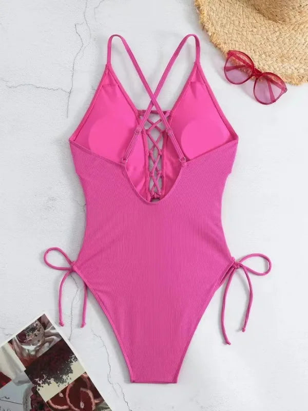 Aoaiiys Maillot de bain dos nu pour femme, monokini ajouré, lacé, string sexy, été 2025, plage, couleur unie, tendance