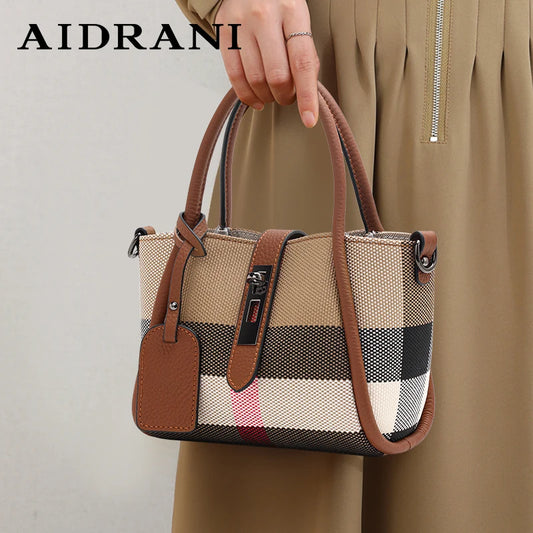 Sac à main à carreaux Aidrani New pour femme, style mini, en toile et cuir de vache, marron