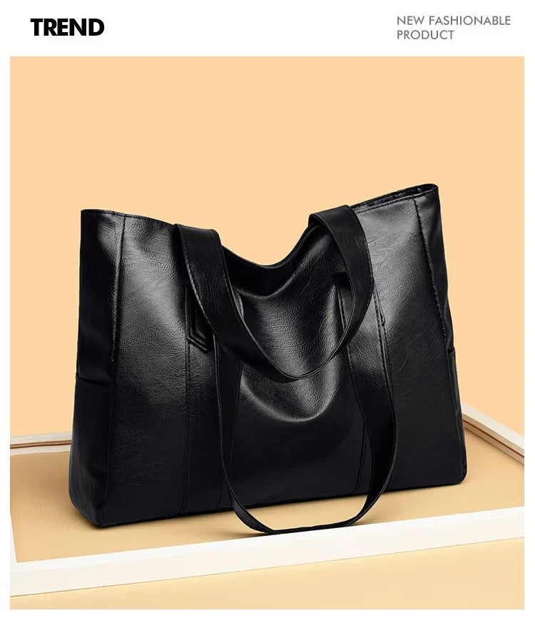 Grand sac cartable en cuir souple pour femme, classique, couleur unie, simple, décontracté, grande capacité, fourre-tout, sac à bandoulière simple