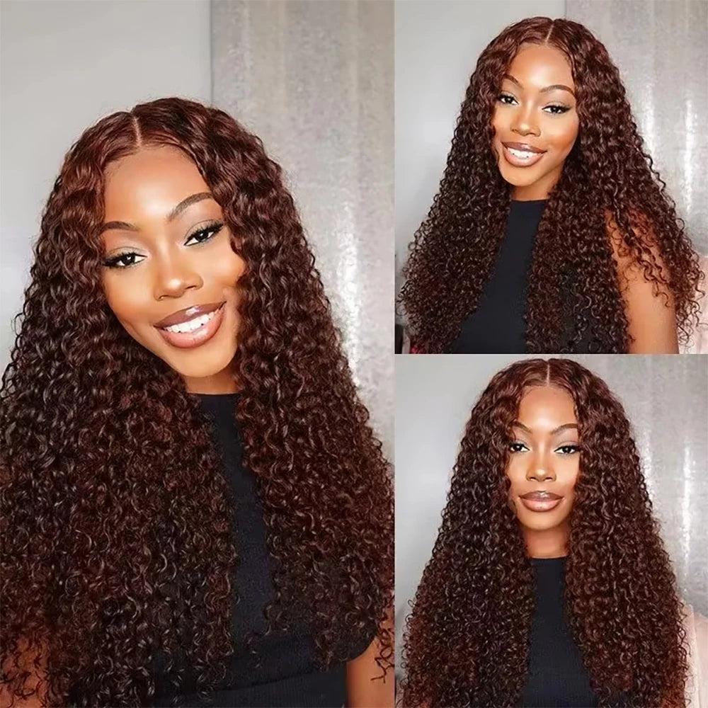 Perruque Lace Frontal Wig 220 % Deep Wave sans colle, cheveux humains bouclés, brun rougeâtre, 13x4, 7x5, pré-épilée, pré-coupée, pour femmes