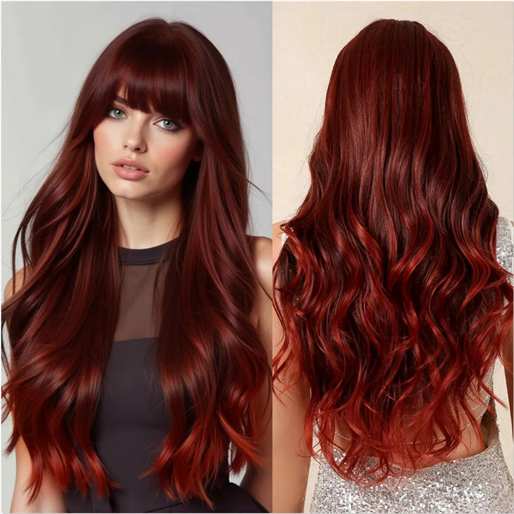 Perruques synthétiques longues ondulées bordeaux pour femmes, perruque rouge ombrée avec frange, faux cheveux naturels en fibre douce, résistante à la chaleur