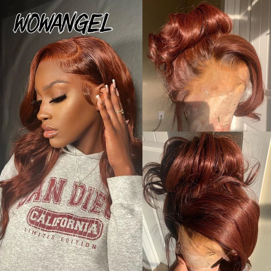 Perruques Body Wave 30 pouces, perruques frontales en dentelle HD 13x6, perruques de couleur brun rougeâtre, perruques frontales en dentelle transparente HD prédécoupées