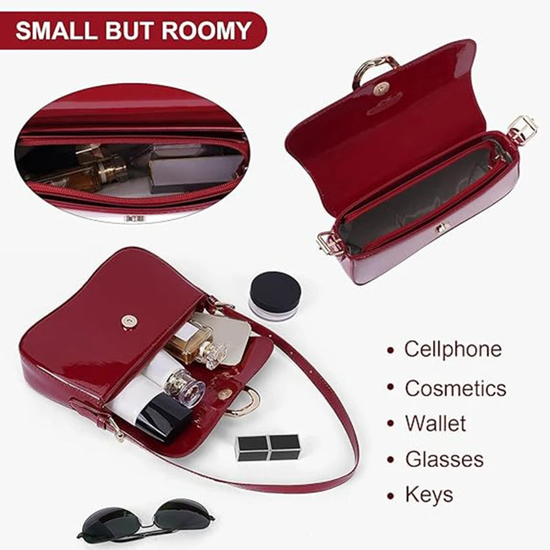 Sac à bandoulière rétro en cuir verni pour femme, sac à bandoulière à rabat de luxe, sac sous les bras de couleur unie, sac à bandoulière rouge pour femme
