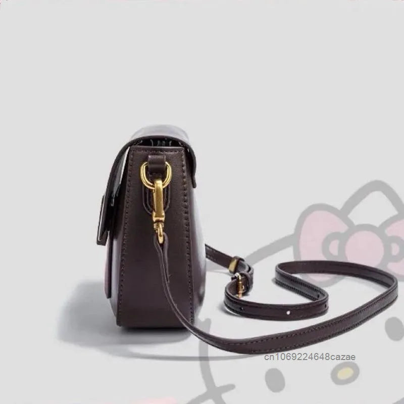 Sanrio Hello Kitty 2025 Nouveau sac à main carré en cuir souple pour femme, petit sac à main polyvalent de luxe marron clair
