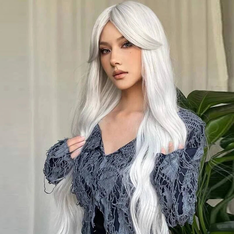 Perruques synthétiques longues bouclées gris cendré platine avec frange pour femmes, perruque afro ondulée profonde, perruque Lolita Cosplay, cheveux naturels résistants à la chaleur