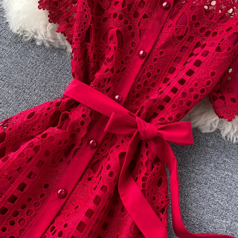Robe vintage française en dentelle à col rond et manches courtes, style décontracté, à la mode, printemps/été