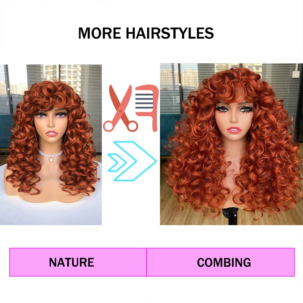 Perruque synthétique longue et bouclée avec frange pour femme, cheveux roux roux, style naturel, résistant à la chaleur, style cosplay, Hihoo