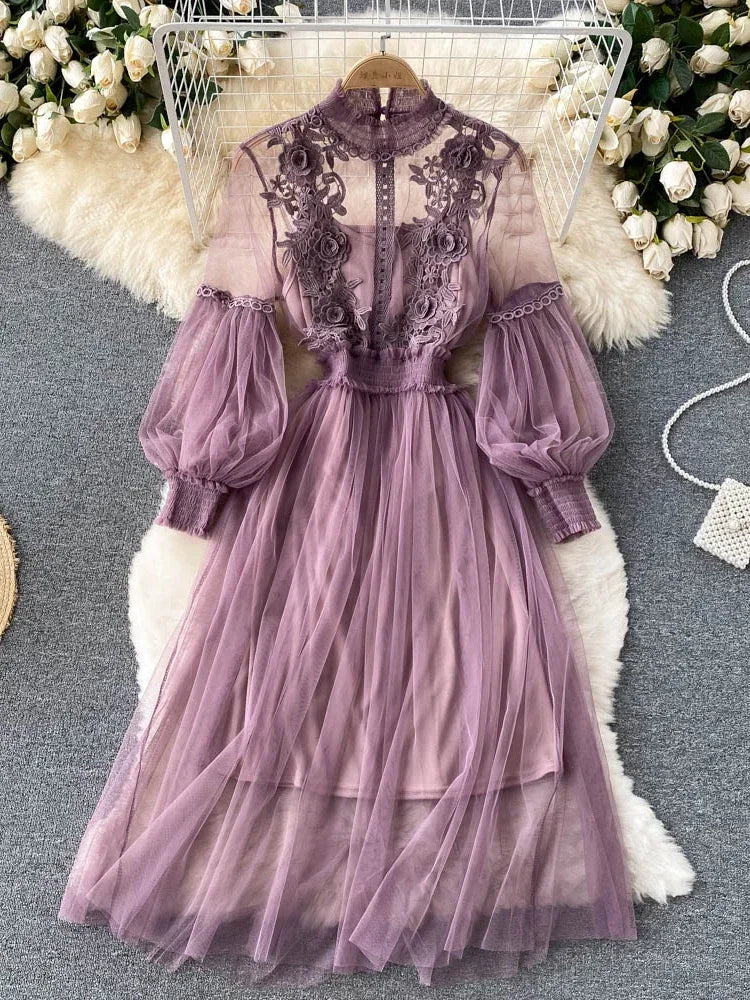 Robe pour femme, motif floral tridimensionnel, col montant, manches lanternes, taille haute, coupe ajustée