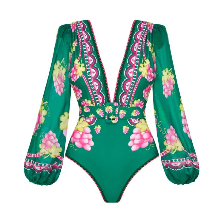 Maillot de bain une pièce à manches longues et jupe pour femme, imprimé vert jungle, 2025