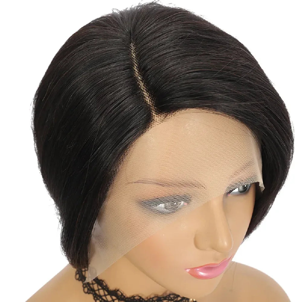 Perruque courte coupe Pixie, cheveux humains, coupe Bob, dentelle transparente, raie sur le côté, pour femmes, 13x4