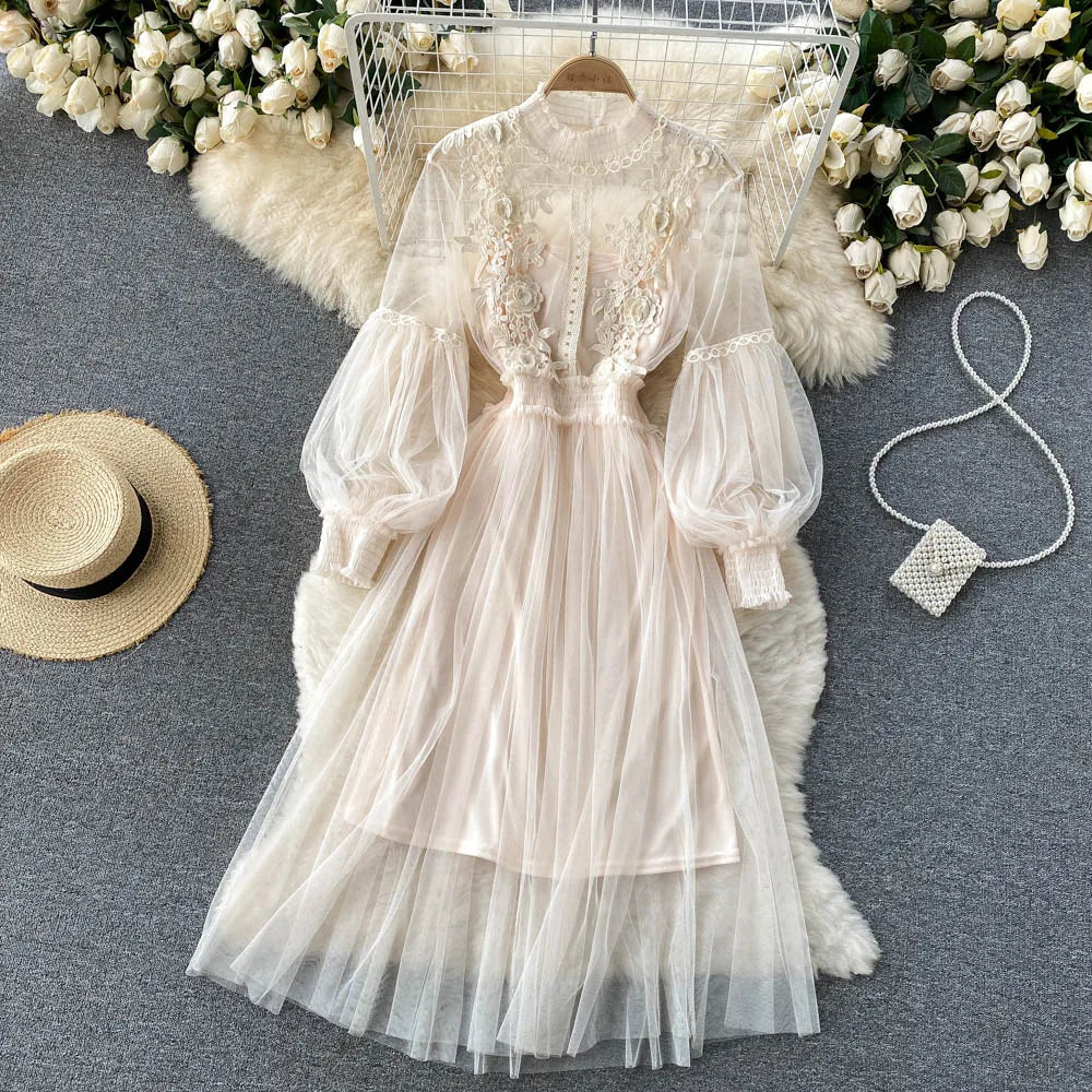 Robe pour femme, motif floral tridimensionnel, col montant, manches lanternes, taille haute, coupe ajustée