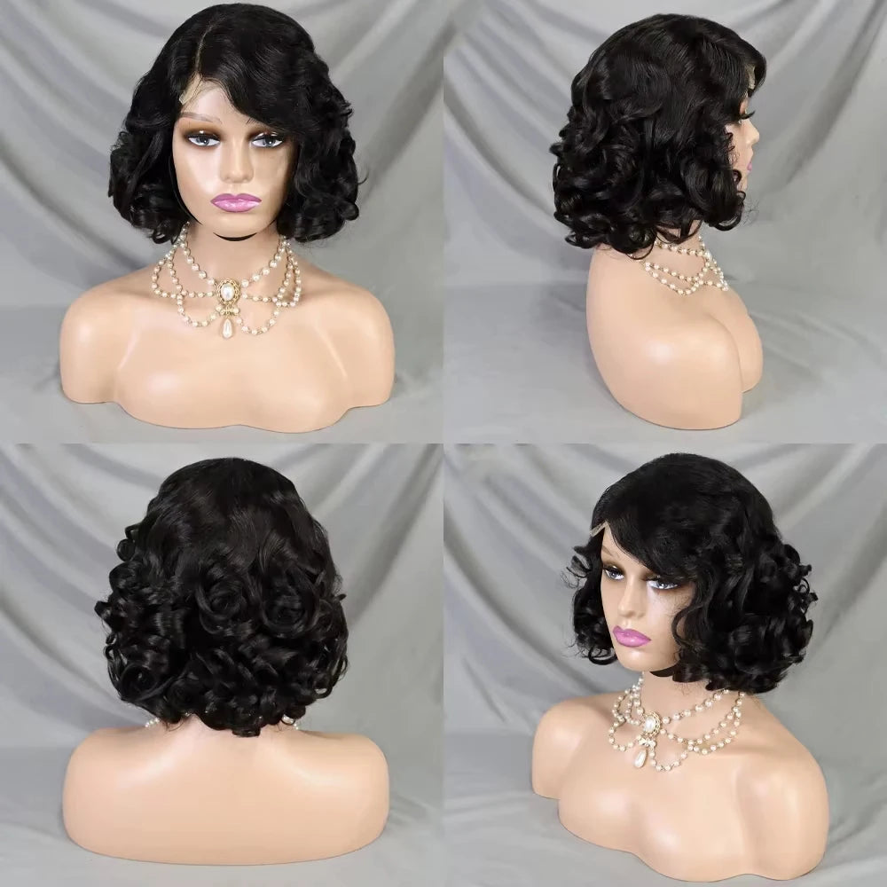 Perruques courtes ondulées en cheveux humains, coupe au carré, fermeture en dentelle 10x10, couleur naturelle, cheveux indiens Remy, pré-épilés, pour femmes
