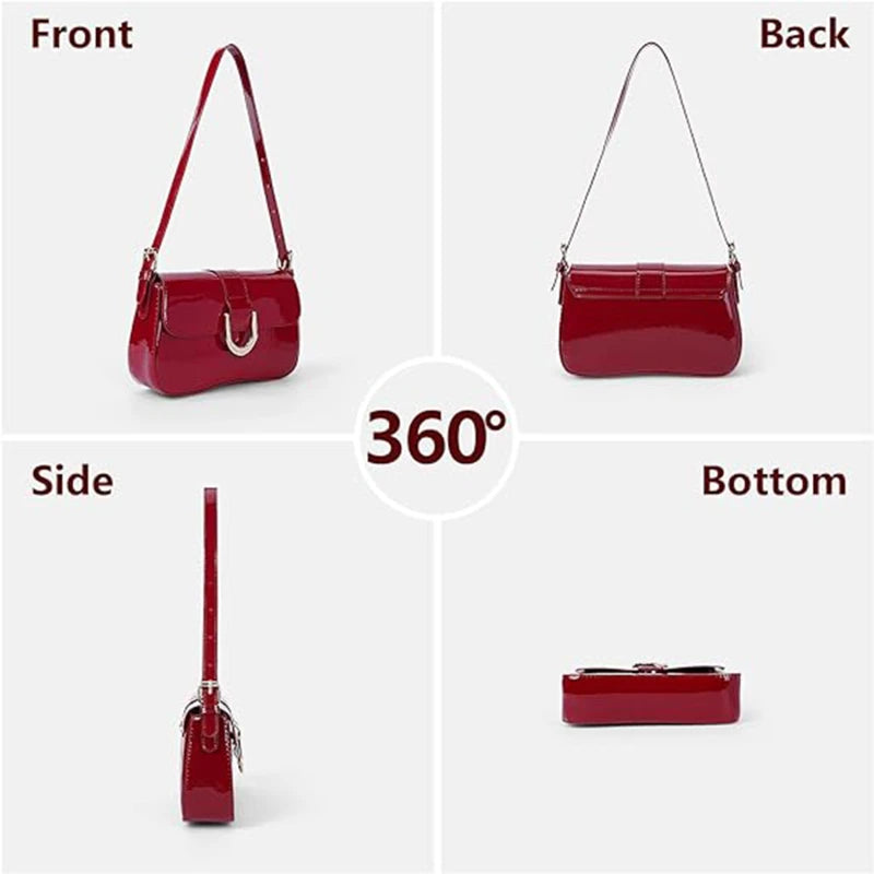 Sac à bandoulière rétro en cuir verni pour femme, sac à bandoulière à rabat de luxe, sac sous les bras de couleur unie, sac à bandoulière rouge pour femme
