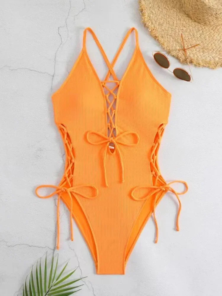 Aoaiiys Maillot de bain dos nu pour femme, monokini ajouré, lacé, string sexy, été 2025, plage, couleur unie, tendance