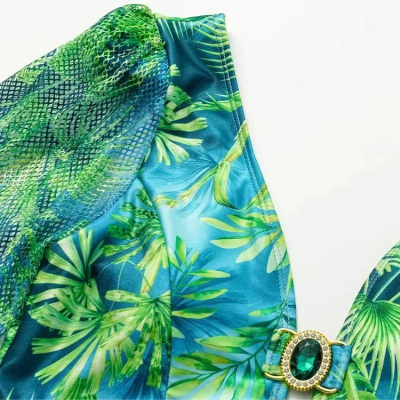 Maillot de bain une pièce à manches longues et jupe pour femme, imprimé vert jungle, 2025