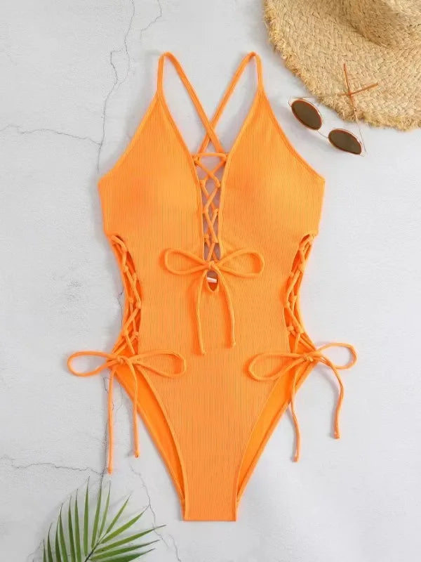 Aoaiiys Maillot de bain dos nu pour femme, monokini ajouré, lacé, string sexy, été 2025, plage, couleur unie, tendance