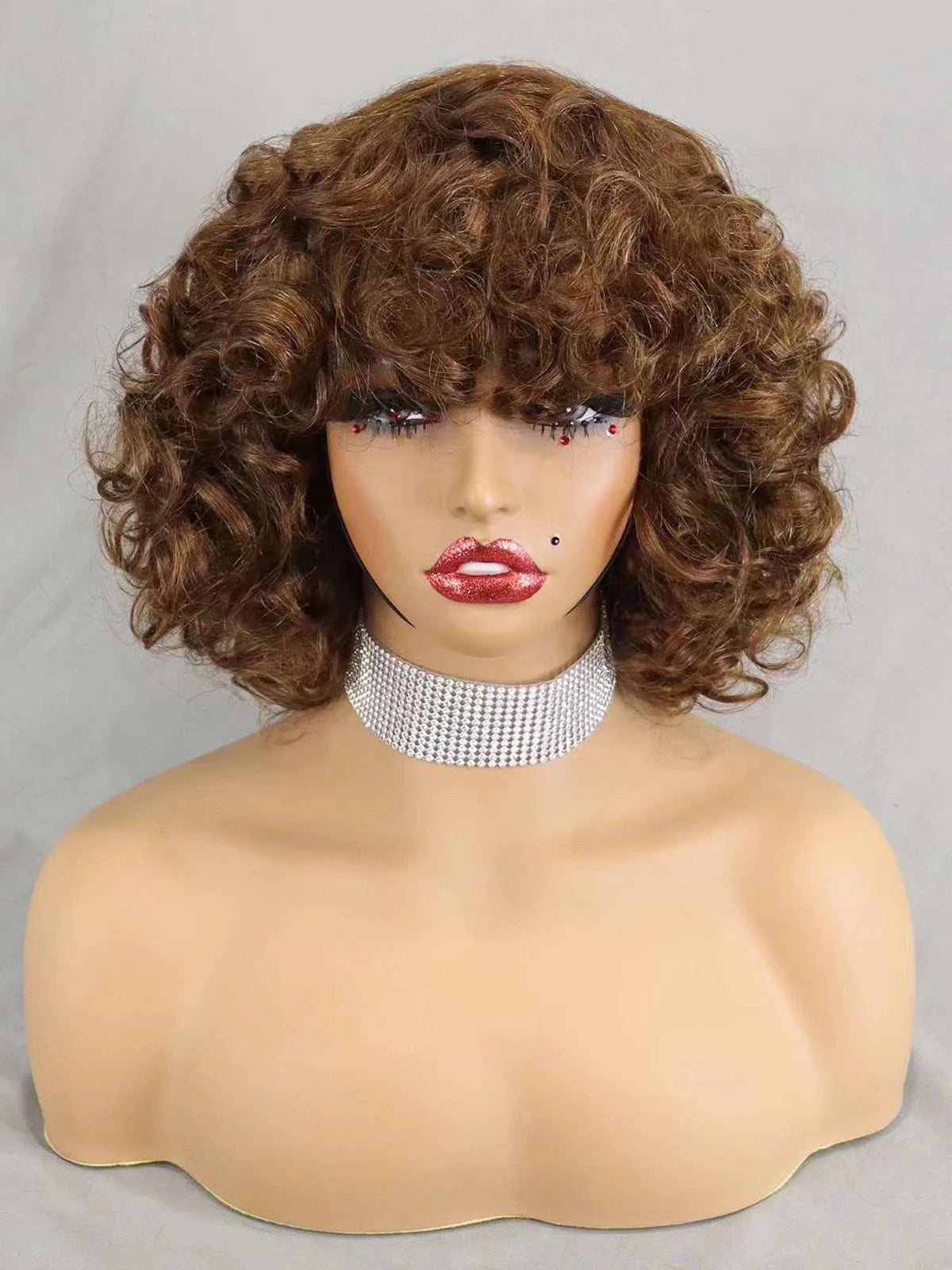 Perruques de cheveux humains bouclés et rebondissants bordeaux 99J #, densité 200 %, avec frange, courtes, bouclées et lâches, fabriquées à la machine, pré-épilées pour femmes