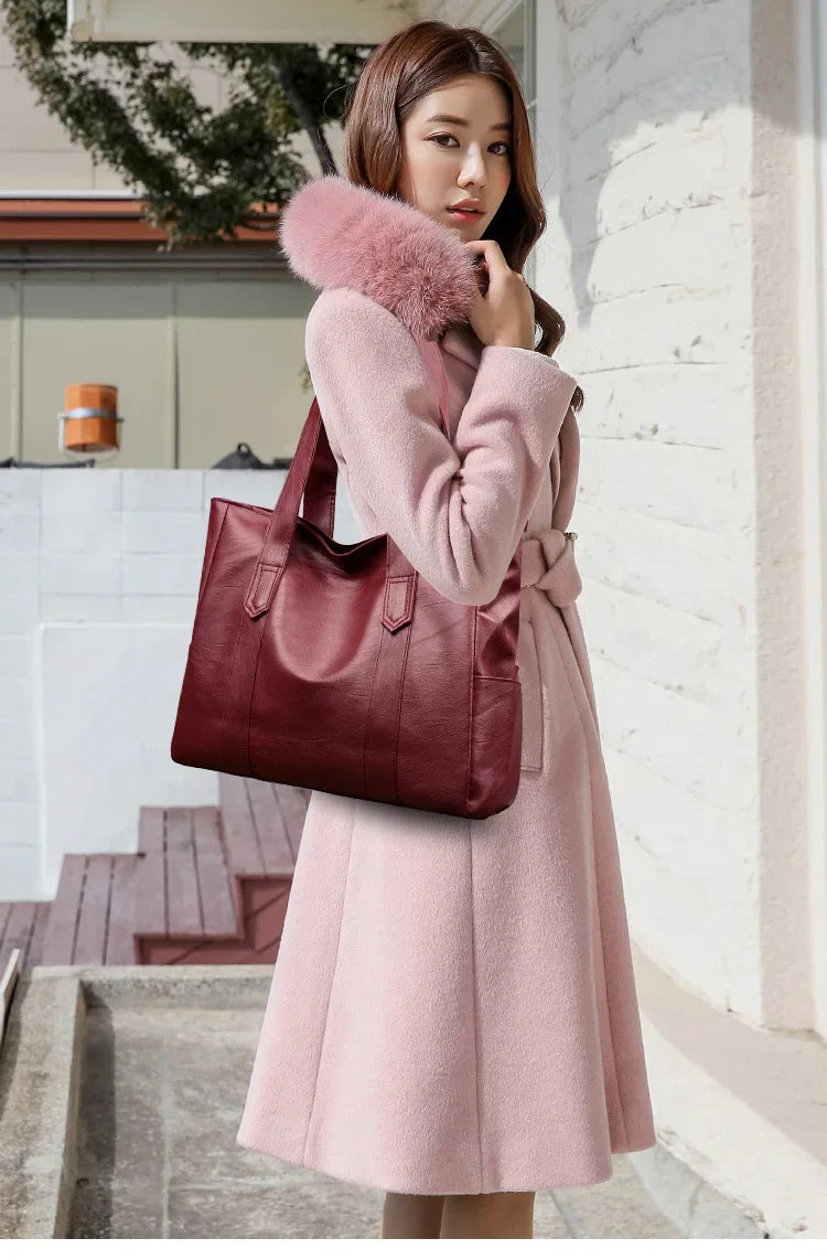 Grand sac cartable en cuir souple pour femme, classique, couleur unie, simple, décontracté, grande capacité, fourre-tout, sac à bandoulière simple