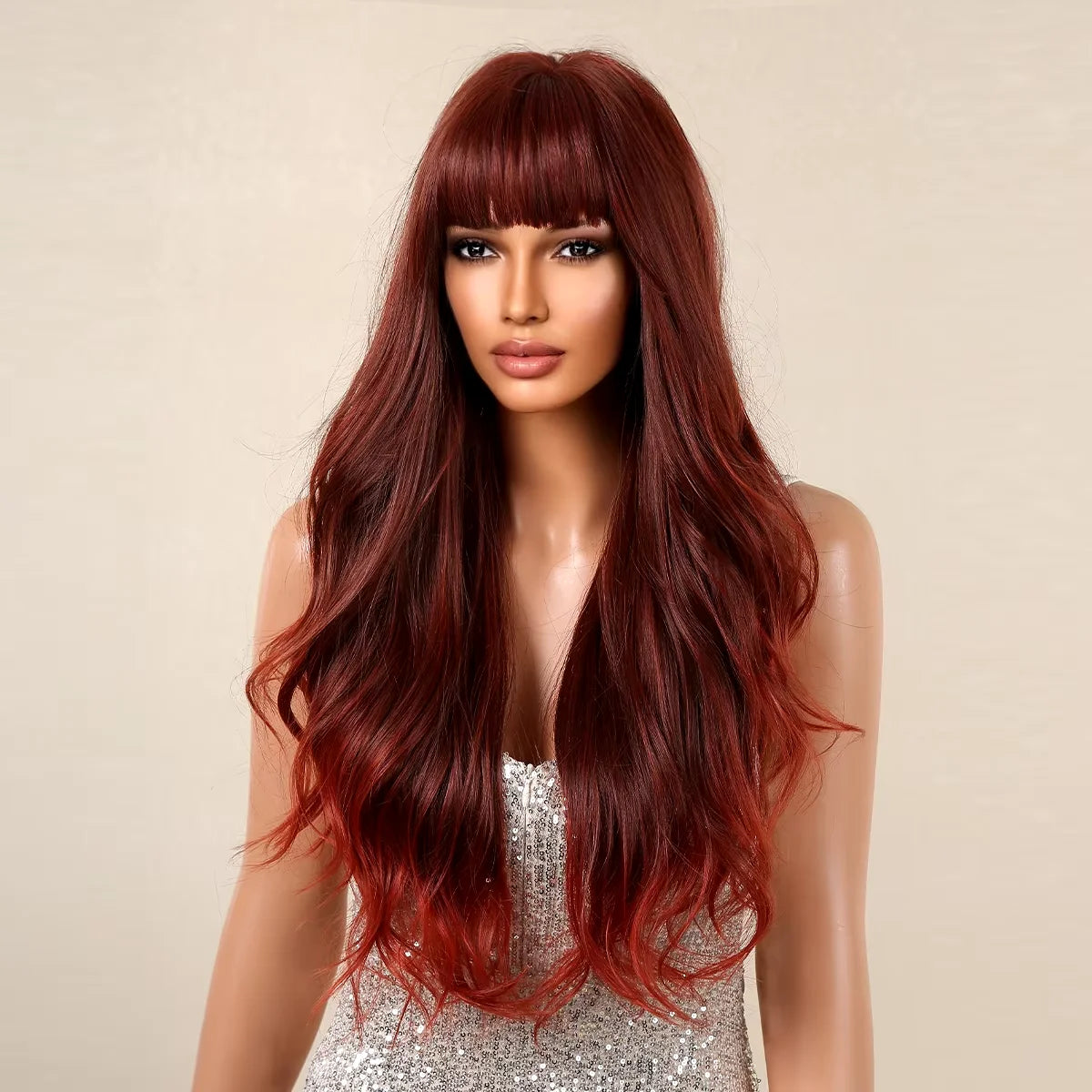 Perruques synthétiques longues ondulées bordeaux pour femmes, perruque rouge ombrée avec frange, faux cheveux naturels en fibre douce, résistante à la chaleur