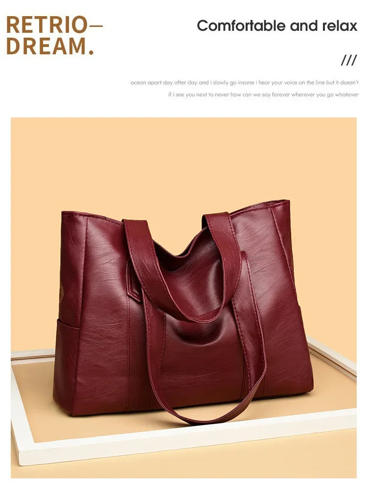 Grand sac cartable en cuir souple pour femme, classique, couleur unie, simple, décontracté, grande capacité, fourre-tout, sac à bandoulière simple