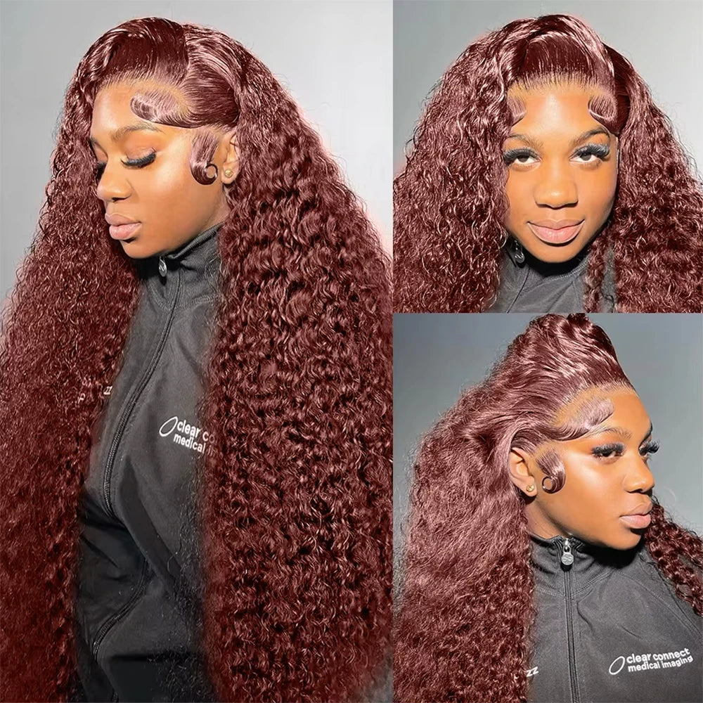 Perruque Lace Frontal Wig 220 % Deep Wave sans colle, cheveux humains bouclés, brun rougeâtre, 13x4, 7x5, pré-épilée, pré-coupée, pour femmes
