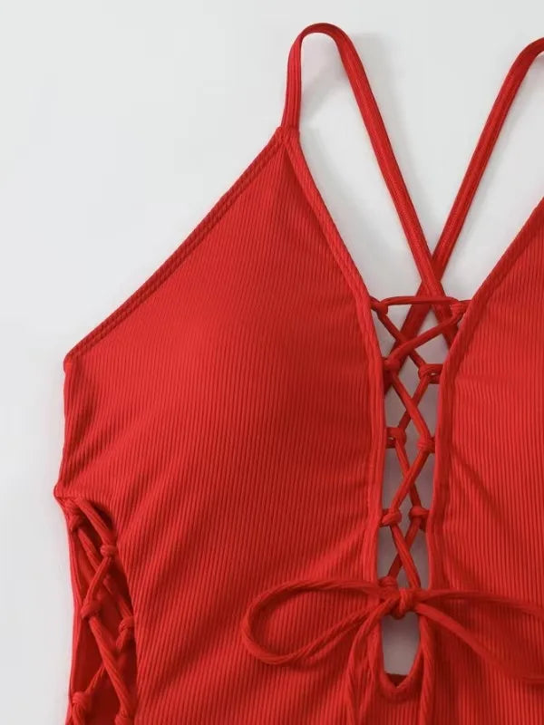 Aoaiiys Maillot de bain dos nu pour femme, monokini ajouré, lacé, string sexy, été 2025, plage, couleur unie, tendance
