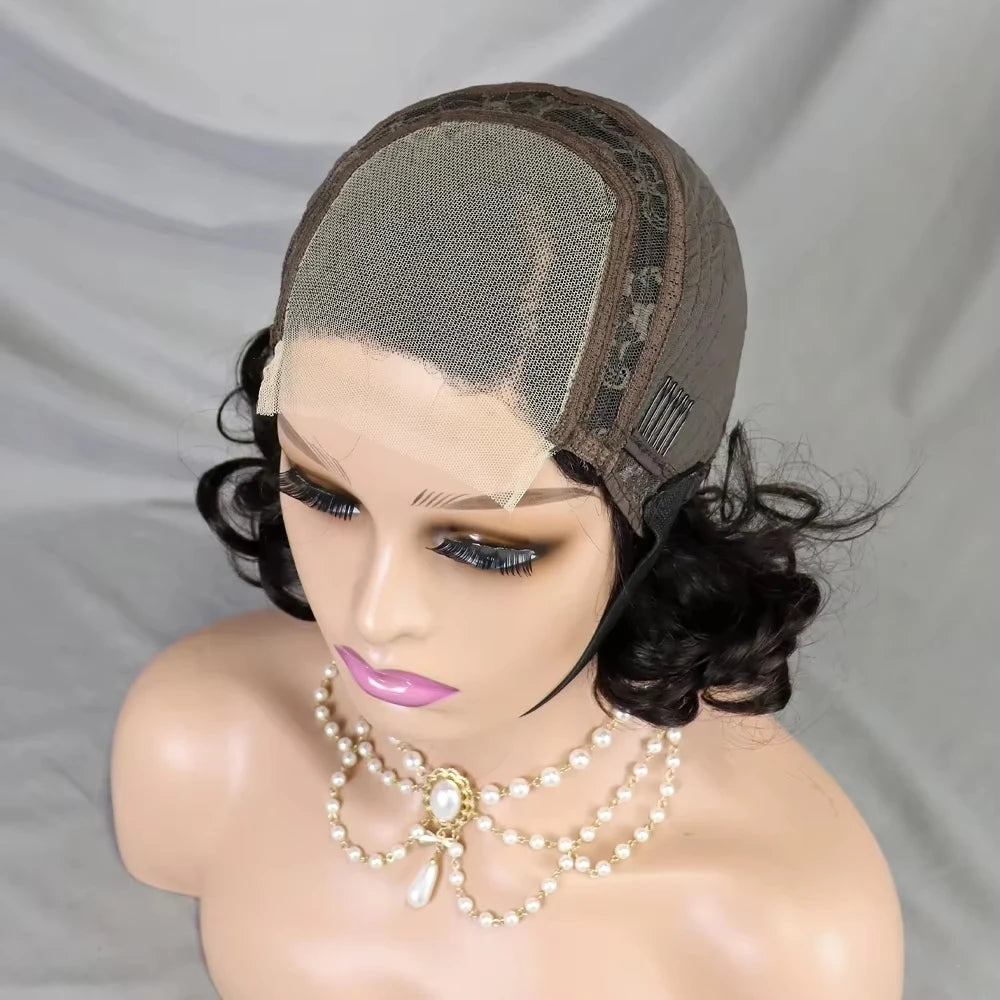 Perruques courtes ondulées en cheveux humains, coupe au carré, fermeture en dentelle 10x10, couleur naturelle, cheveux indiens Remy, pré-épilés, pour femmes